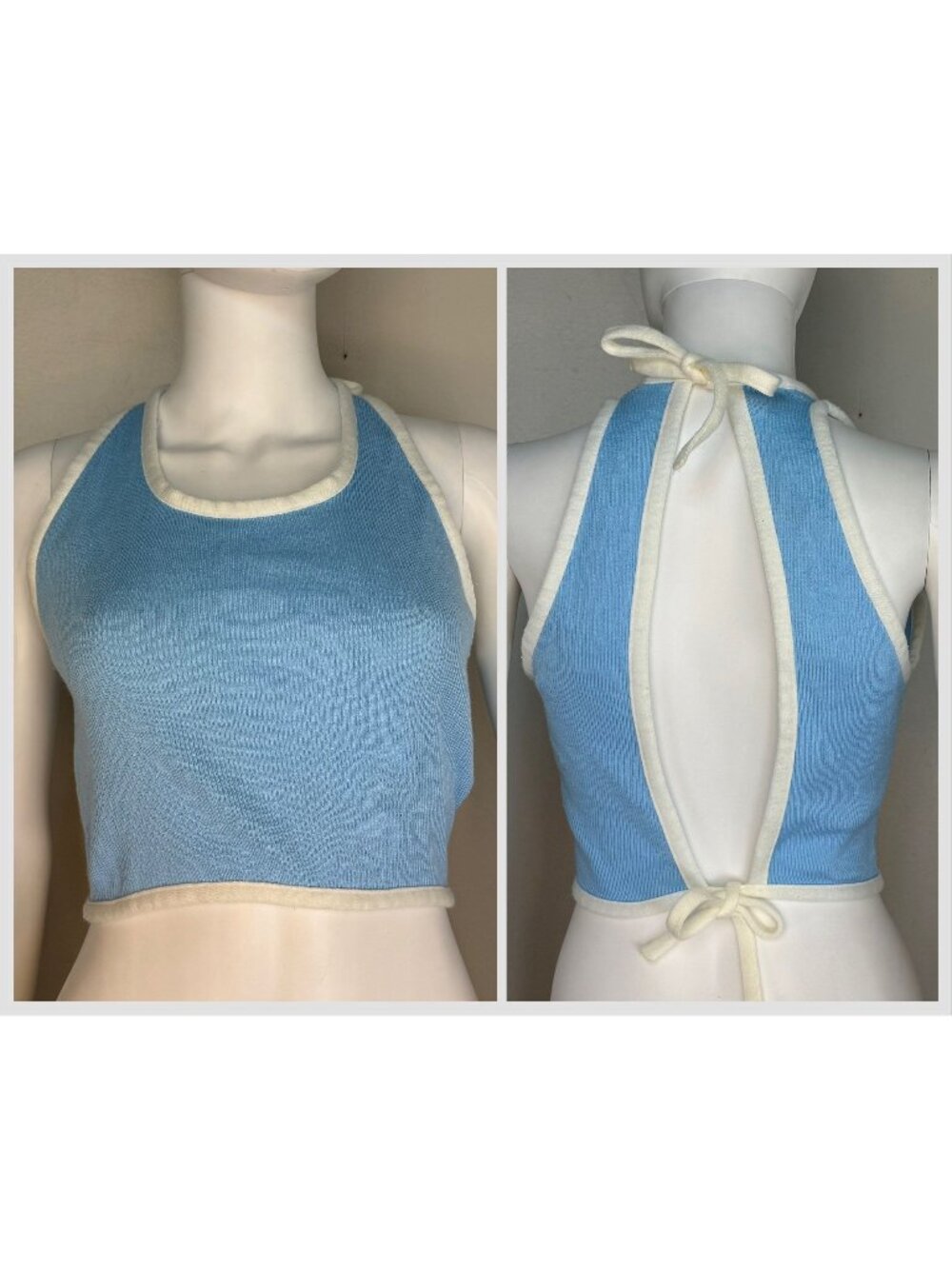 Vintage 1970s Light Blue Knit Crop Top, Open Back, Talia Fashions Size XS-Small